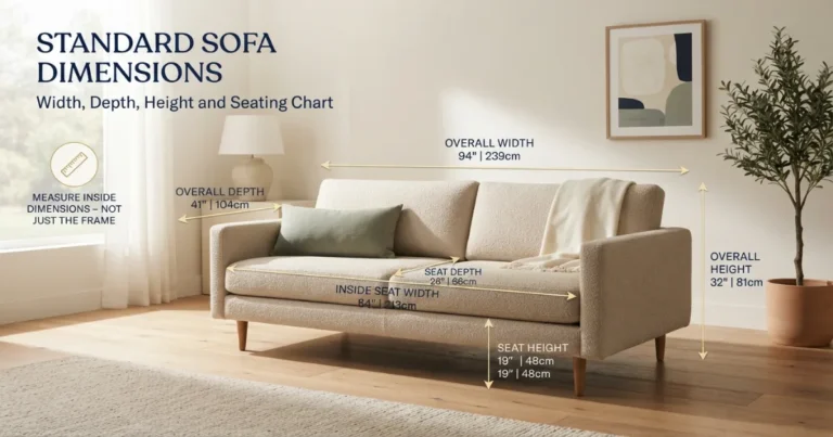 Three‑seat sofa showing overall width, depth, height and inside seat measurements with labels