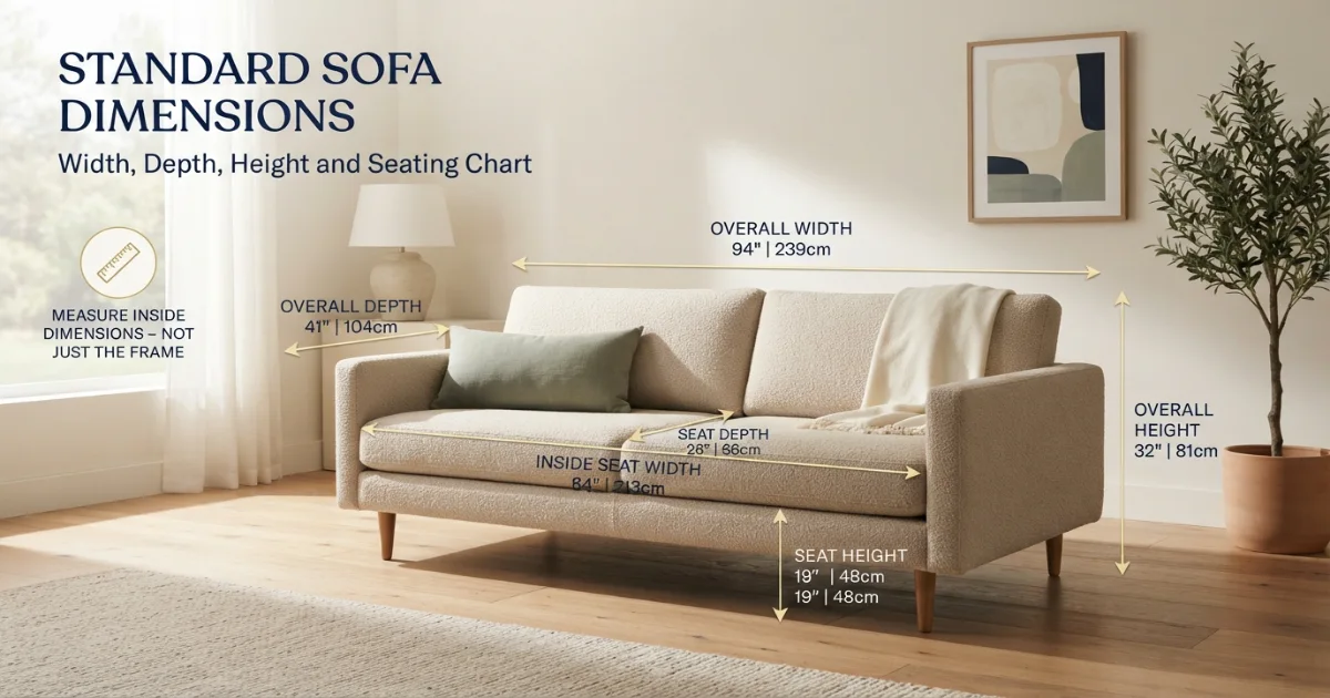 Standard sofa dimensions showing width depth height and seat measurements
