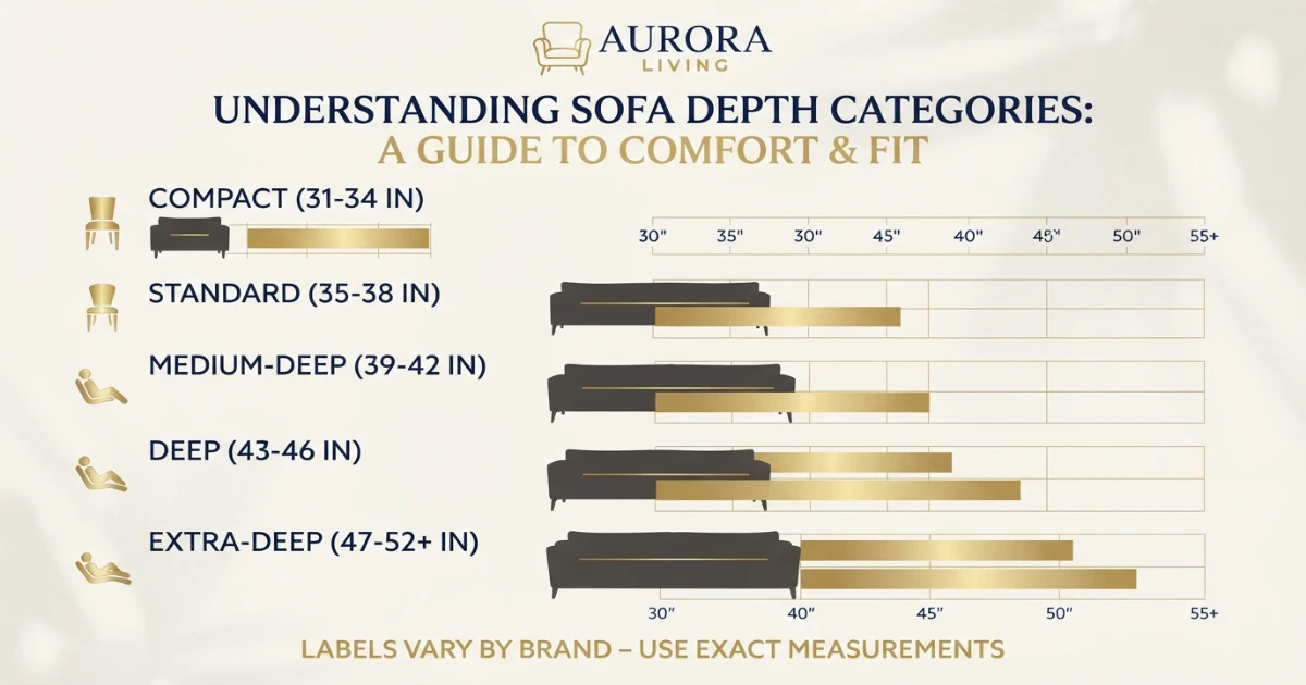 Sofa depth guide chart comparing compact standard medium-deep deep and extra-deep seating