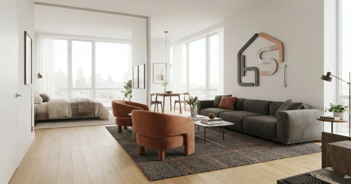 Studio apartment rug size for small living room zone beside a bed and dining area
