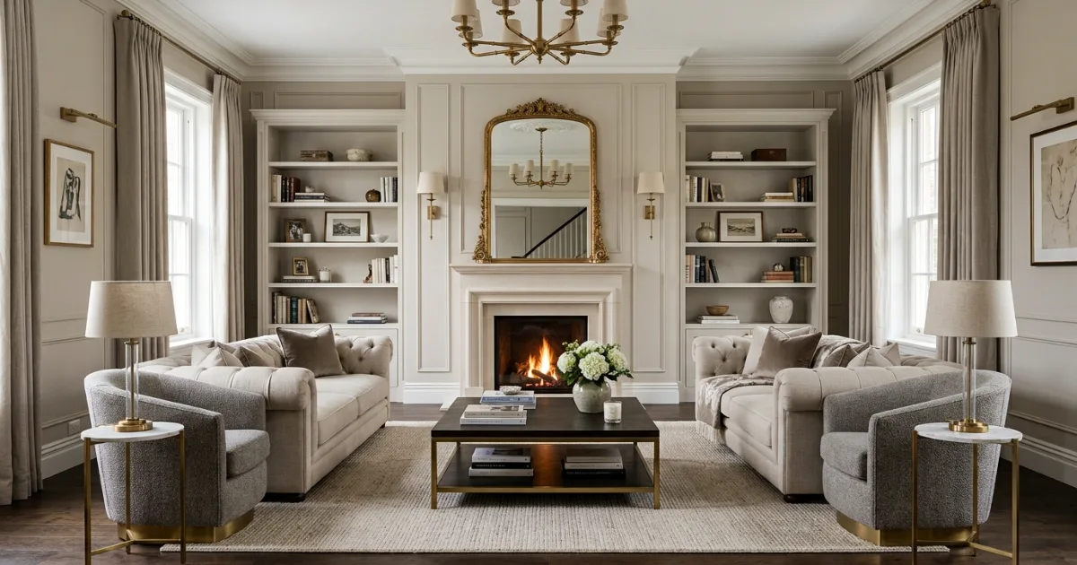Symmetrical living room layout with matching chairs and a centered sofa