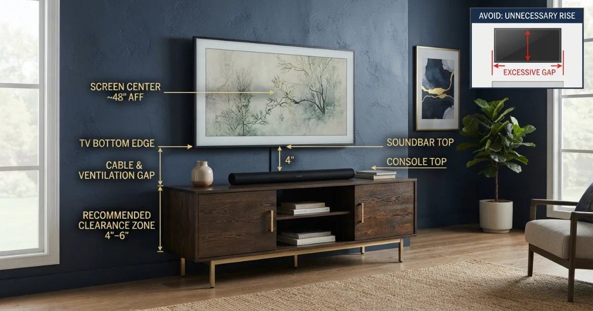 How high to mount TV above a console and soundbar with center and bottom measurements