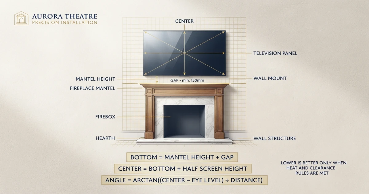 TV above fireplace height formula for mantel gap center and viewing angle