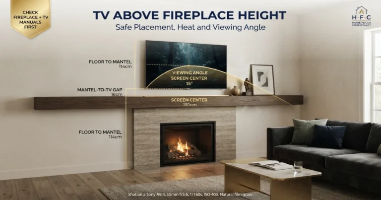 TV above fireplace with mantel gap, screen center and viewing angle measurements