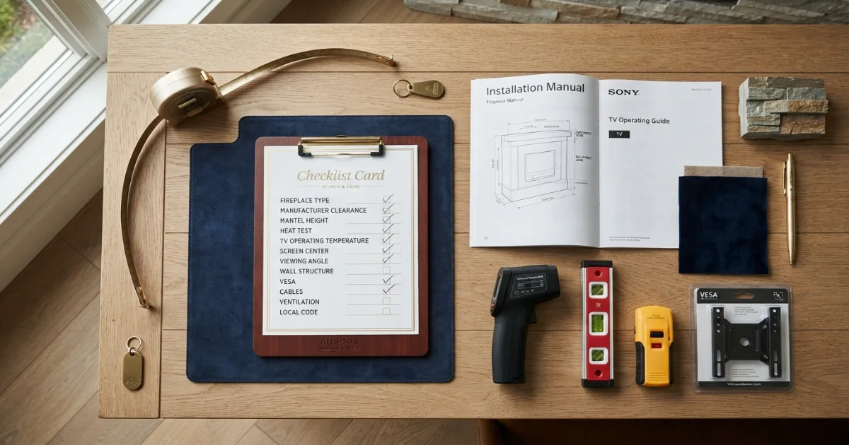 TV above fireplace height safety checklist with heat clearance VESA and viewing angle