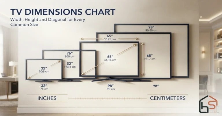 TV dimensions chart showing screen width and height in inches and centimeters