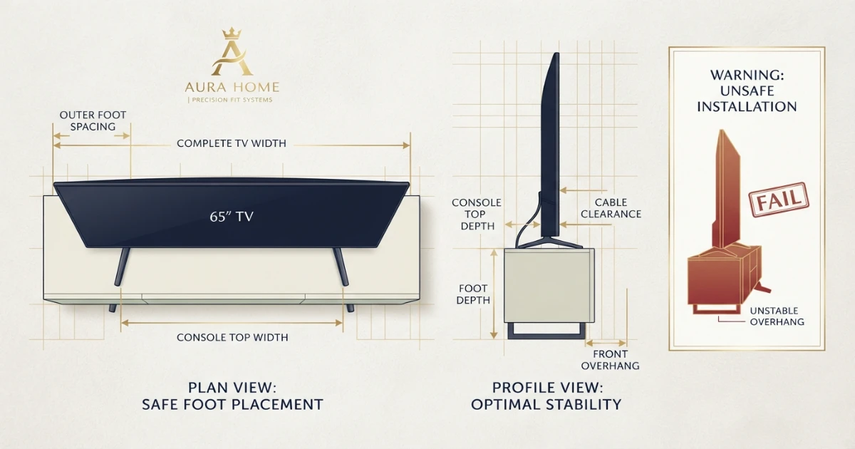 TV feet spacing and console depth guide for safe support