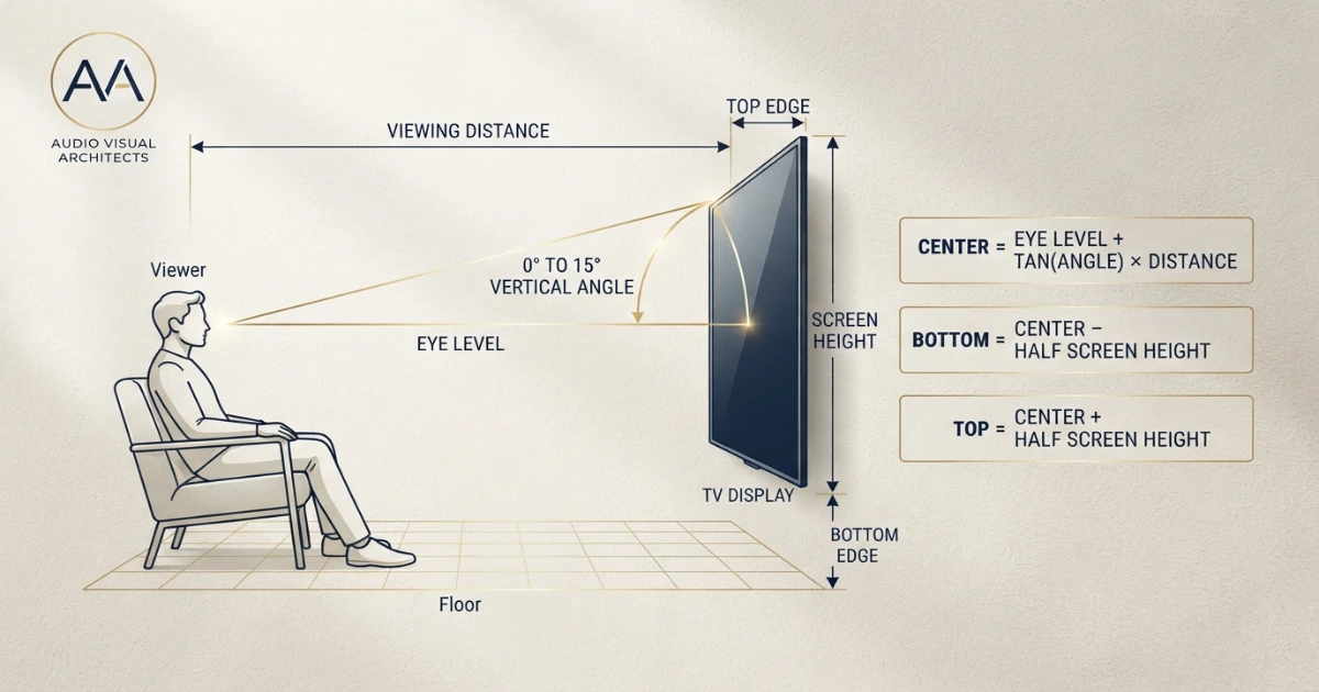 How high to mount TV formula with eye level distance angle center bottom and top