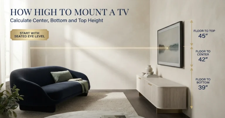 Side-view living room with eye-level line to TV center, bottom and top measurements