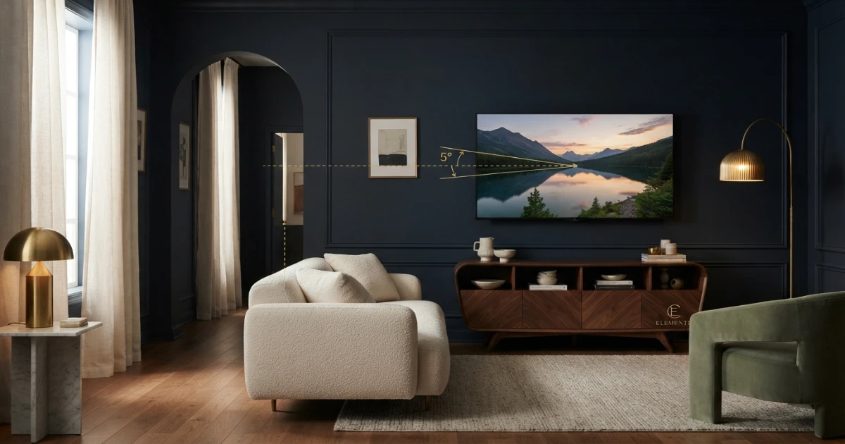 Living room TV mounting height aligned with seated eye level