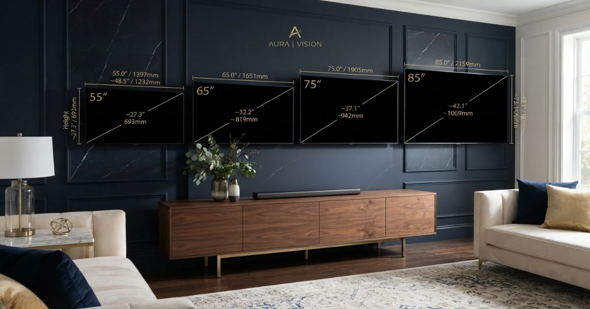 TV diagonal compared with physical screen width and living room wall space