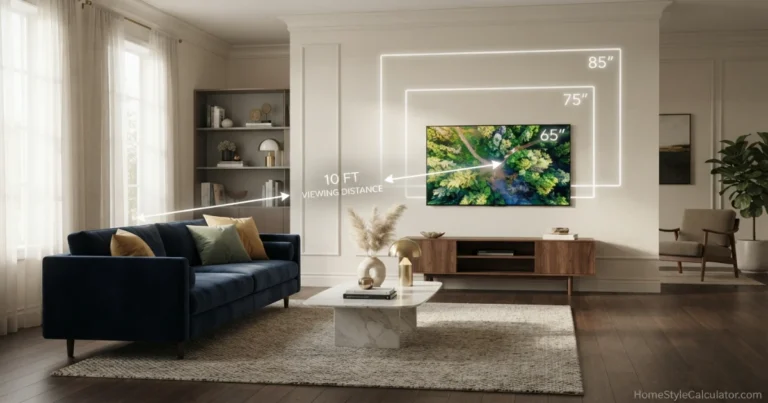 TV size for 10 feet comparison showing 65, 75 and 85‑inch screens in a modern living room