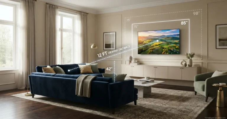 TV size for 12 feet comparison showing 75, 85 and 98‑inch screens in a large living room