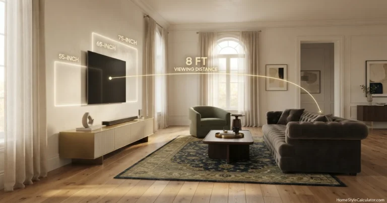TV size for 8 feet comparison showing 55, 65 and 75‑inch screens in a refined living room