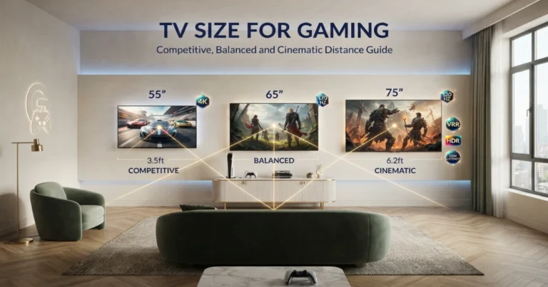 Gaming living room with 55, 65 and 75‑inch TVs at marked distances with controller and console