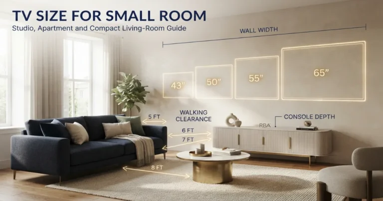Small apartment with scaled 43, 50, 55 and 65‑inch TV outlines and measured distances