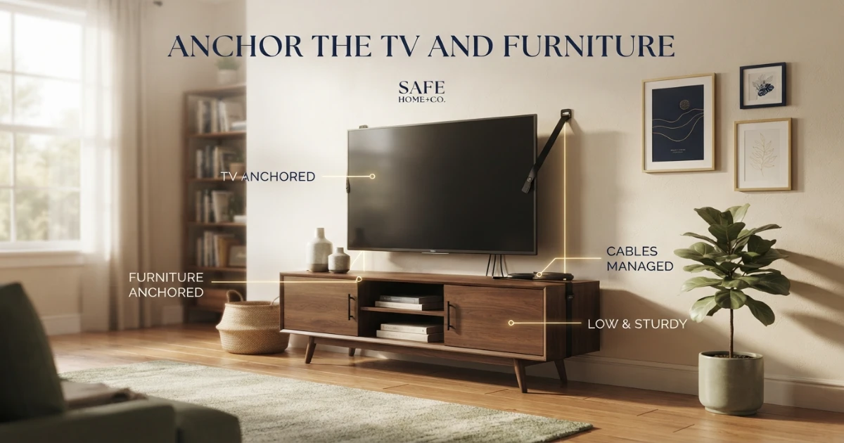 TV stand anti-tip safety with television and furniture anchored to the wall