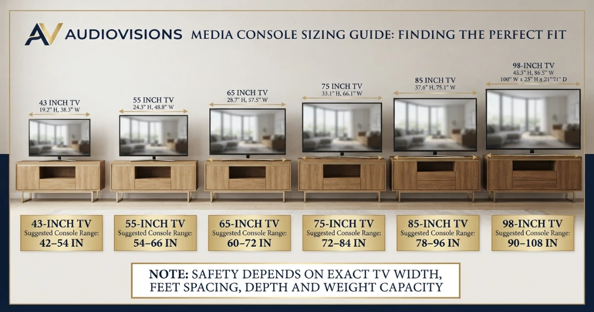 TV stand size for 65 inch TV and other screen sizes chart
