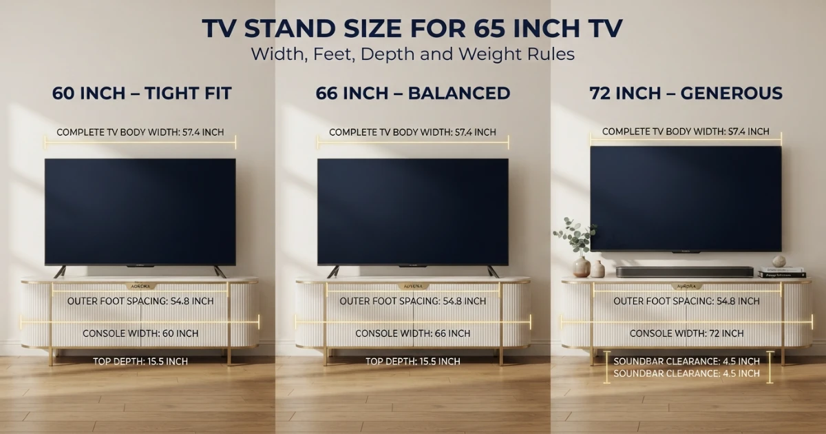 TV stand size for 65 inch TV comparing 60 66 and 72-inch consoles