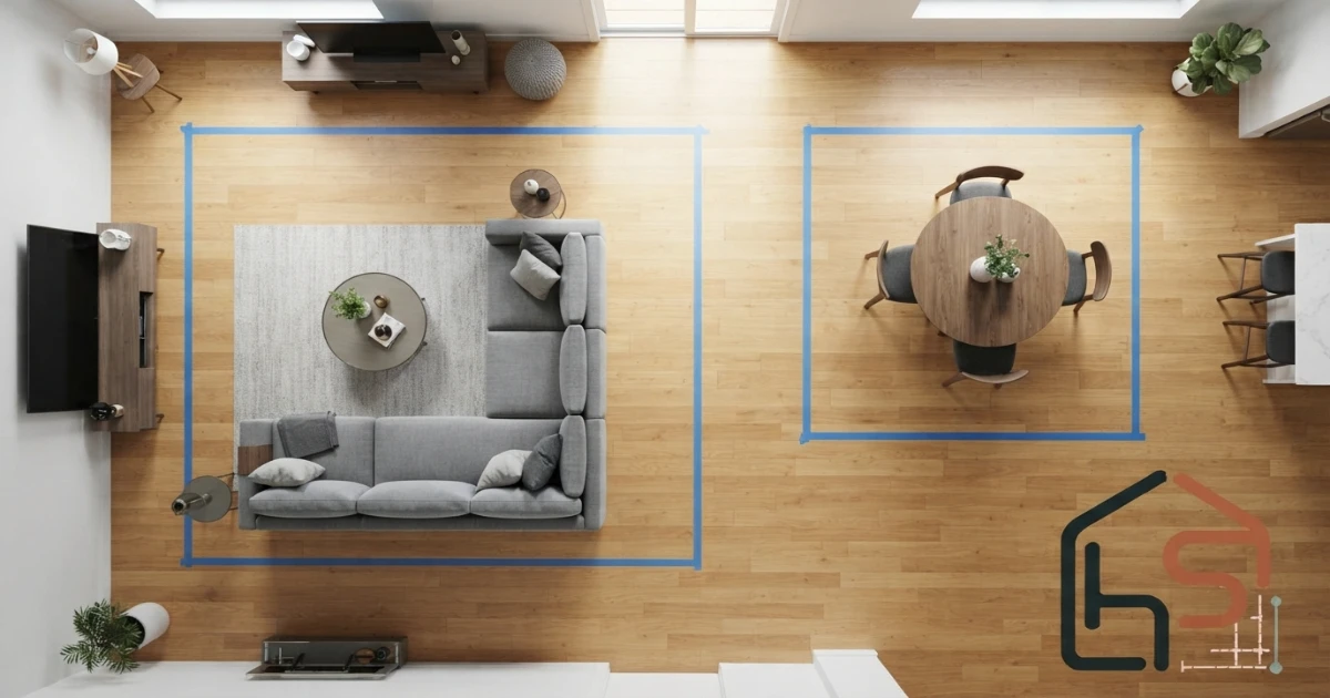 painter tape test for living and dining rug sizes in an open floor plan