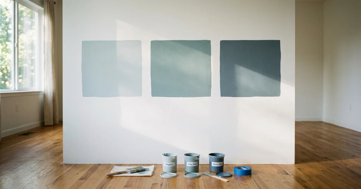 Paint sample squares tested on bedroom wall in different light