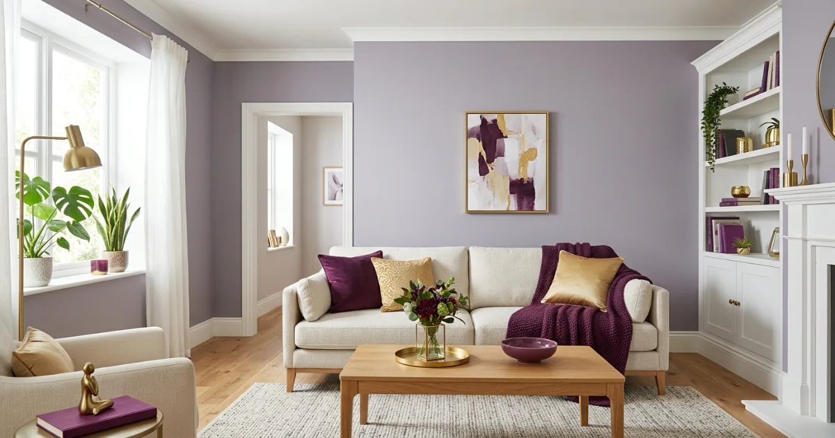 Living room showing 60-30-10 color rule with wall trim and accent