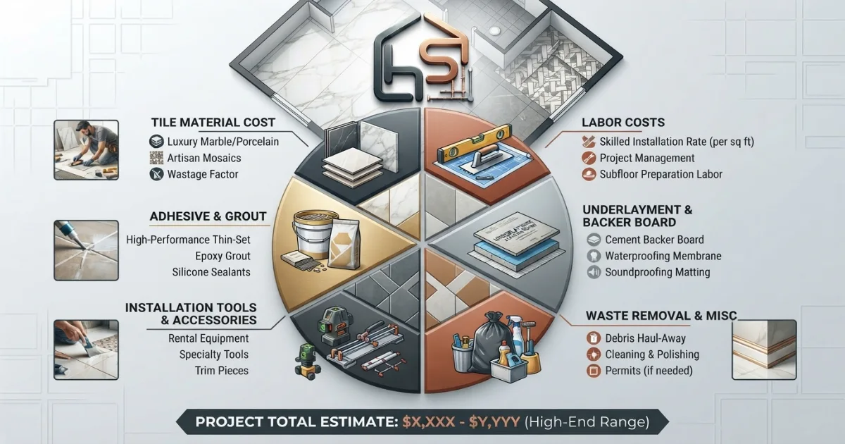 Tile cost calculator showing a full project budget breakdown with labor