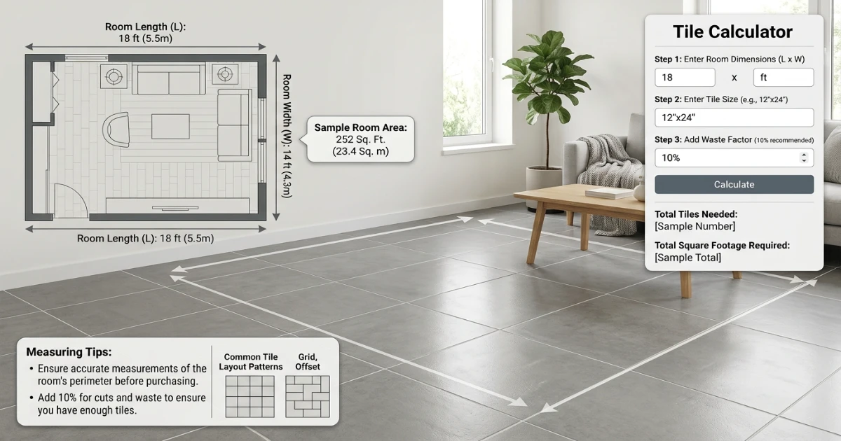 Tile calculator room measurement with length, width and total square footage