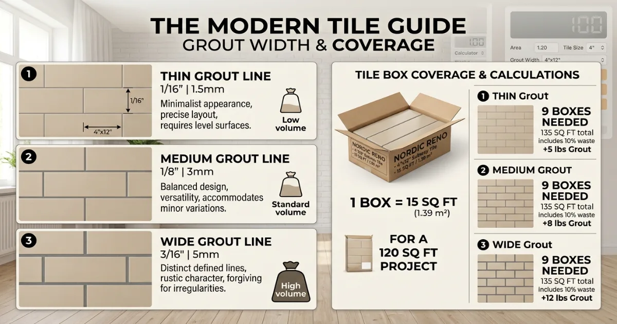 Tile calculator comparing grout line widths and box coverage