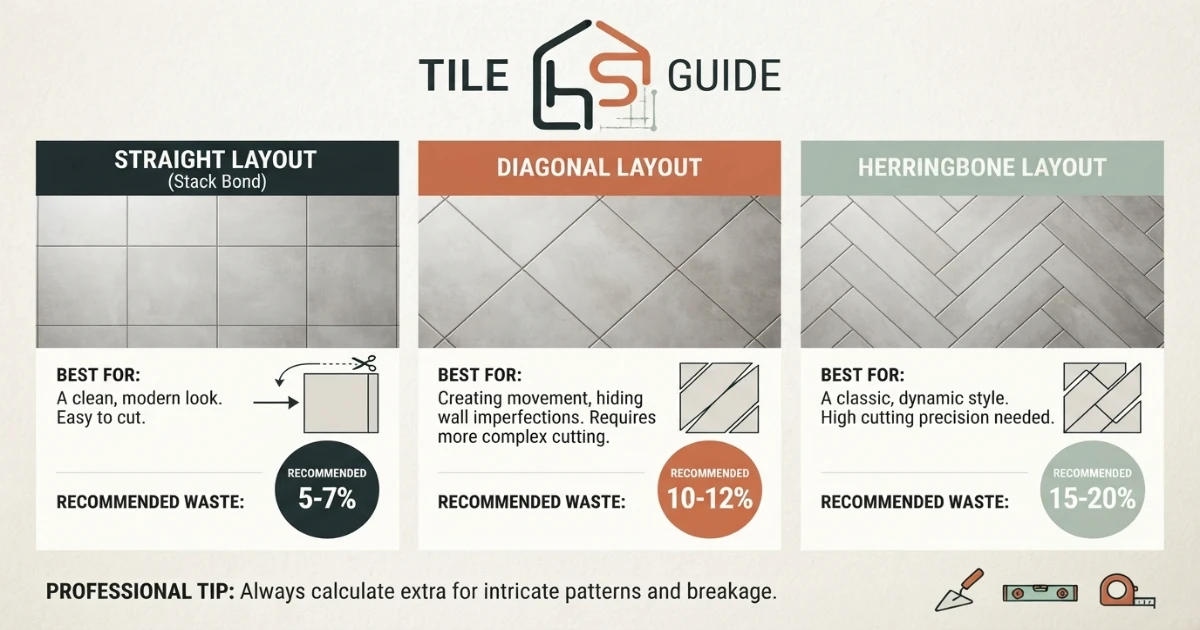Tile cost calculator illustrating waste allowance across different layout patterns