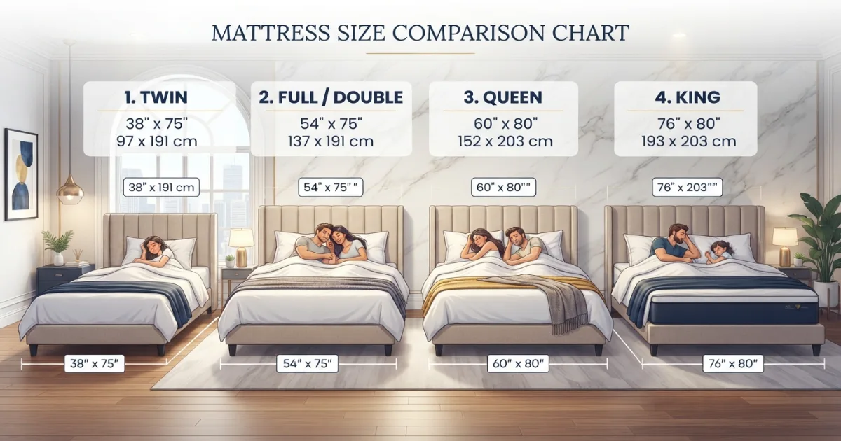 Bed size calculator comparing twin, full, queen and king mattress dimensions