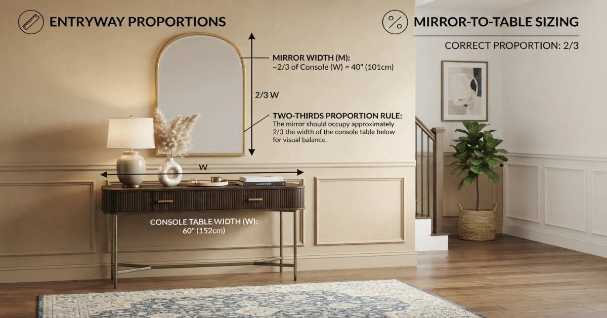 Mirror size calculator illustrating the two-thirds rule above a console table