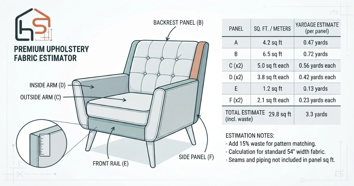 Upholstery fabric calculator diagram showing chair panel breakdown