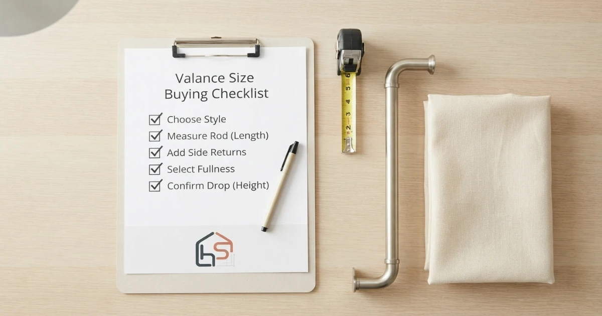 Valance size buying checklist for rod width fullness drop returns and mounting style