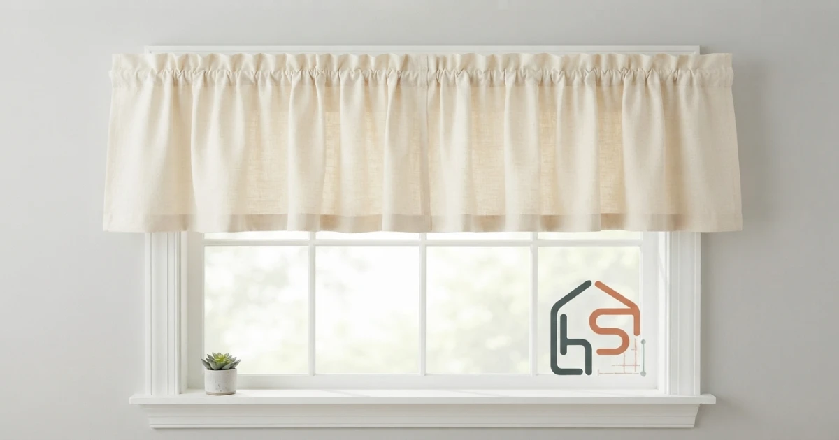 Valance size guide showing window width rod extension fullness drop and mounting