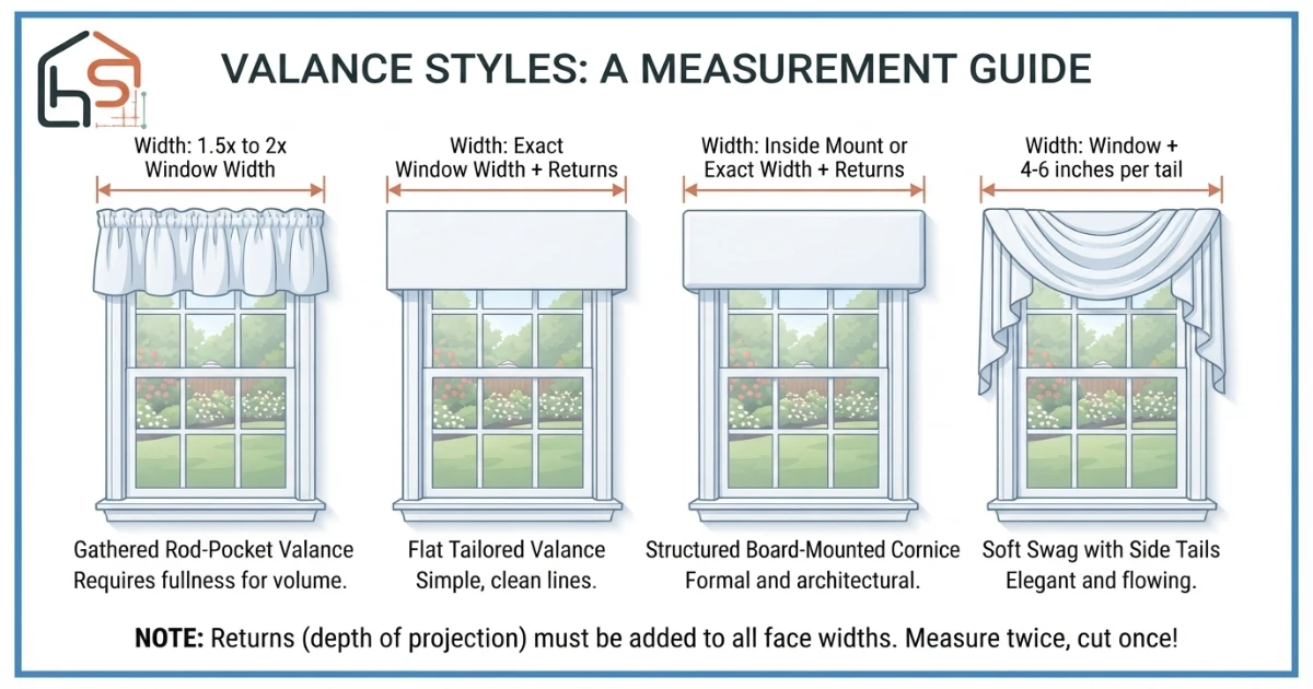 Valance style measurement chart for rod pocket tailored board mounted and swag styles