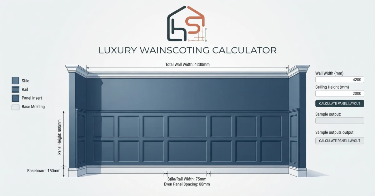 Wainscoting calculator showing even panel spacing across a wall