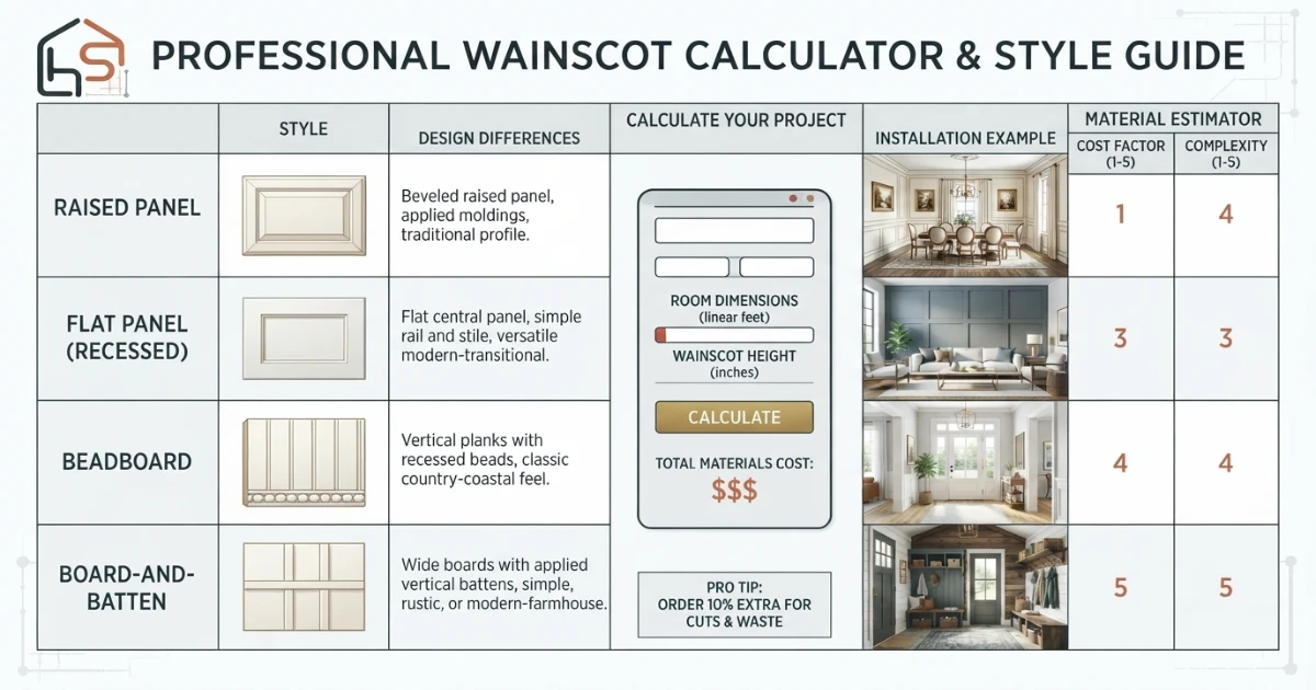 Wainscoting calculator comparing raised panel, flat panel, beadboard and board-and-batten styles