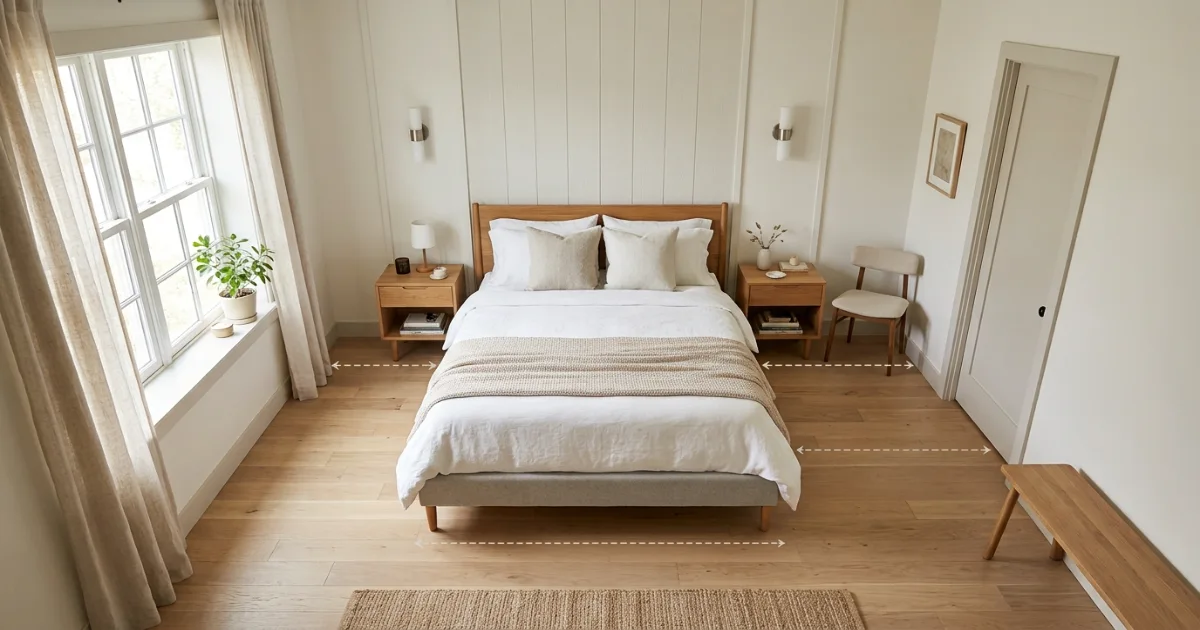 Bedroom layout showing 30-inch walkway clearance around a queen bed