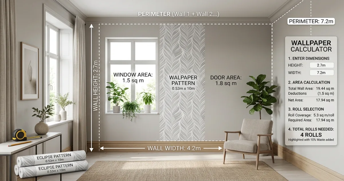 Wallpaper calculator measuring wall perimeter height and roll quantity