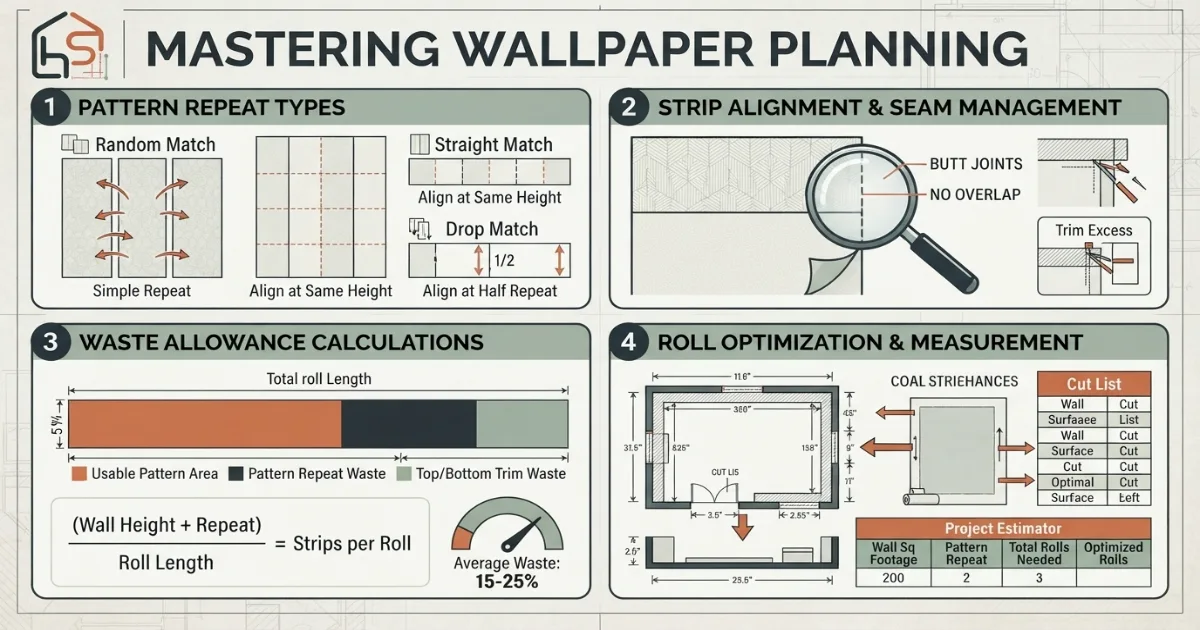 Wallpaper cost calculator illustrating pattern repeat waste between strips