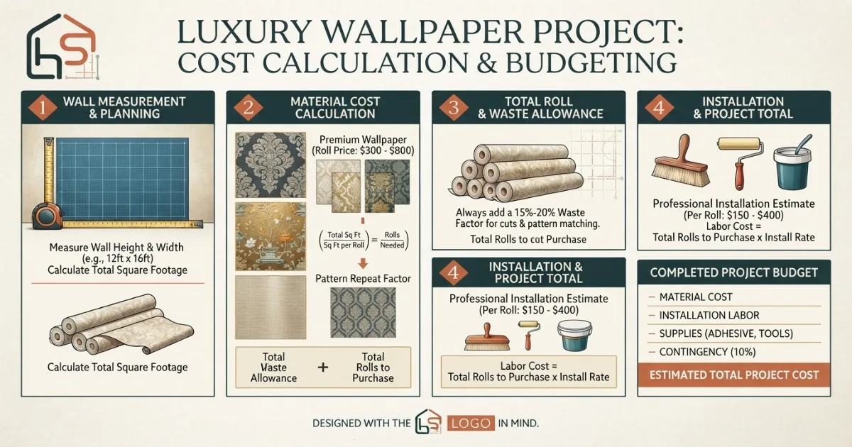 Wallpaper cost calculator showing final roll count and total price