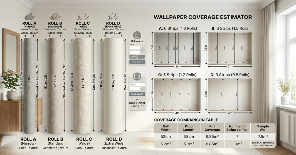 Wallpaper calculator comparing roll widths and drop coverage