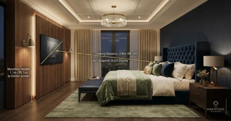 Bedroom TV sizing guide with bed distance and screen width