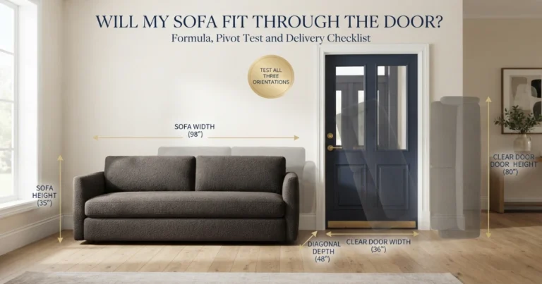 Sofa at doorway with width, height, depth, diagonal depth and clear door measurements