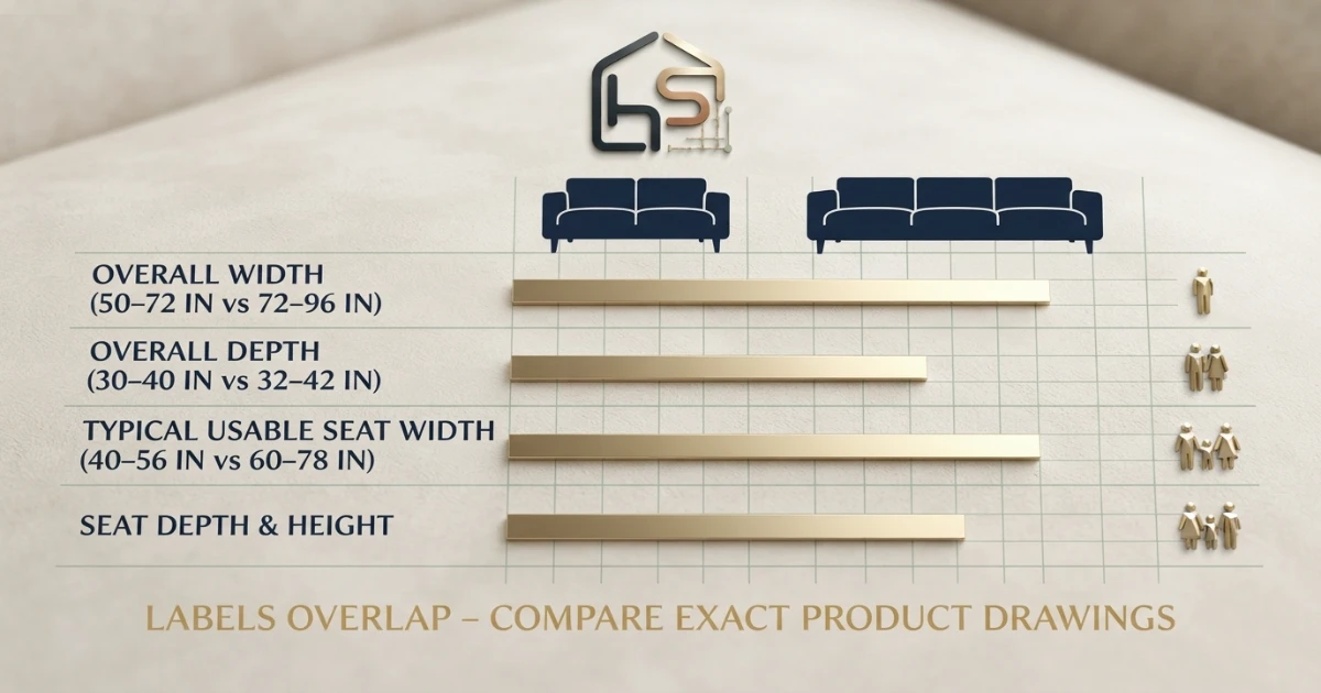 2 seater vs 3 seater sofa size chart showing overall width depth and usable seating