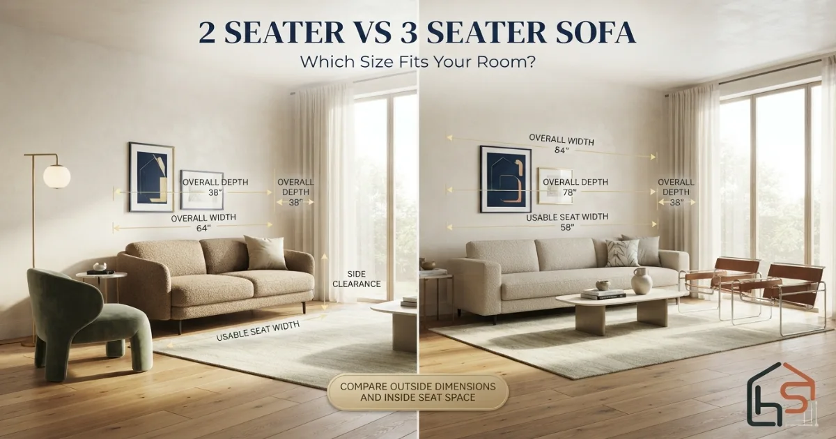 2 seater vs 3 seater sofa size comparison in a measured living room