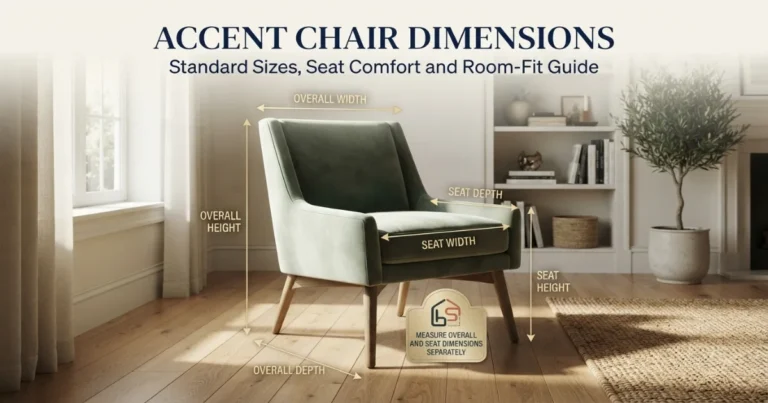 Accent chair showing overall width, depth, height and seat measurements in a living room setting