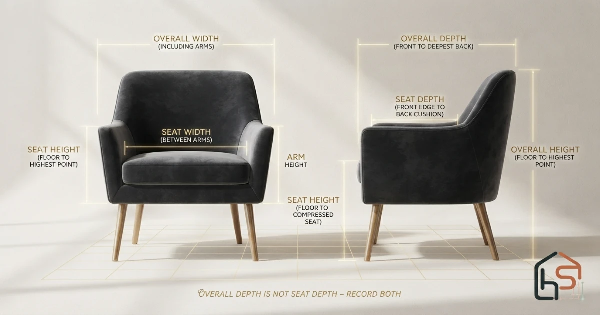 Accent chair dimensions diagram for overall and usable seat measurements