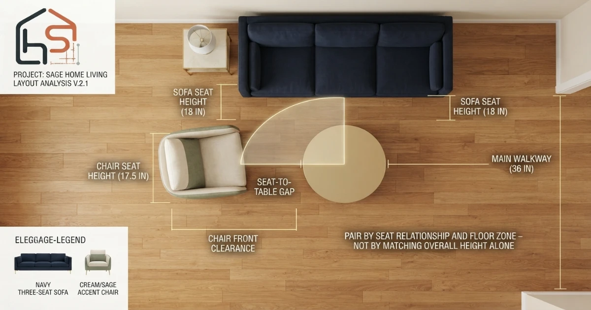 Accent chair dimensions paired with sofa seat height and living room clearances